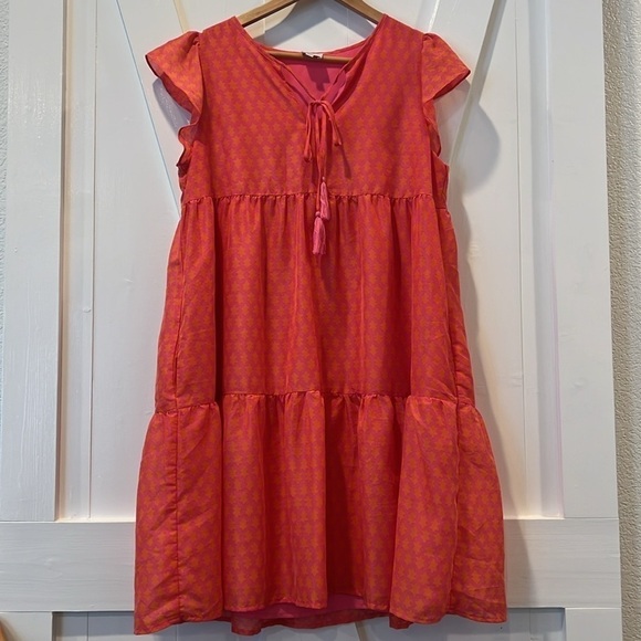 J. Marie Ella Pink Orange Tiered Flutter Sleeve Dress Size Large - Picture 1 of 6